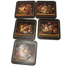 Pimpernel Antique Floral Collection Black Cork-Backed Coasters Set of 5 In Box